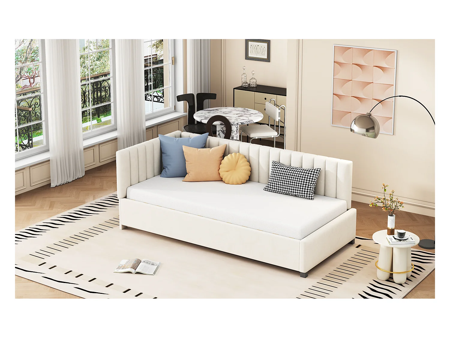 Lit multifonctionnel 90×200 cm en velours beige avec échelle et barrières de sécurité