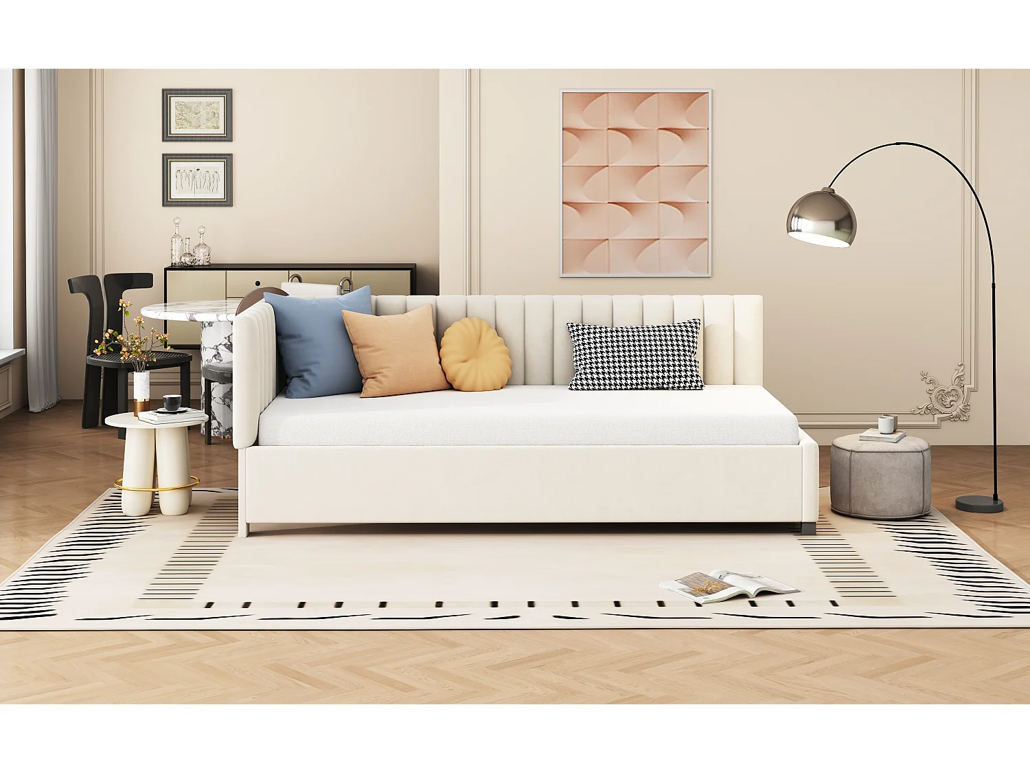 Lit multifonctionnel 90×200 cm en velours beige avec échelle et barrières de sécurité