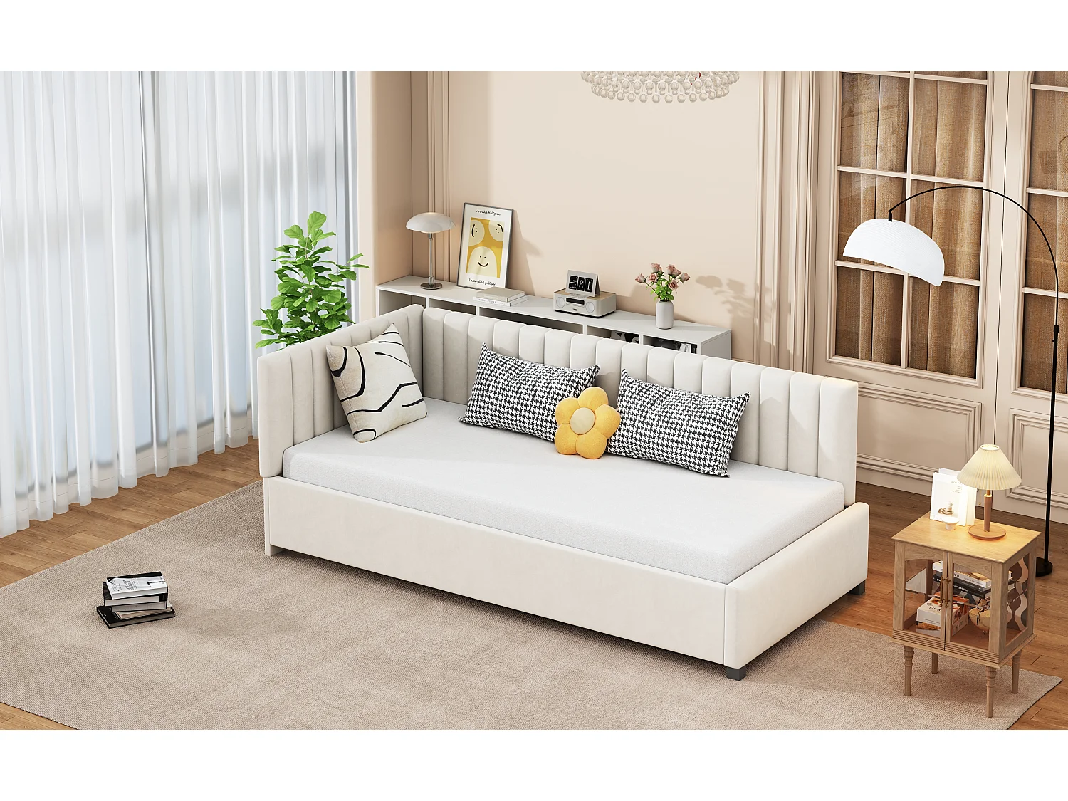 Lit multifonctionnel 90×200 cm en velours beige avec échelle et barrières de sécurité