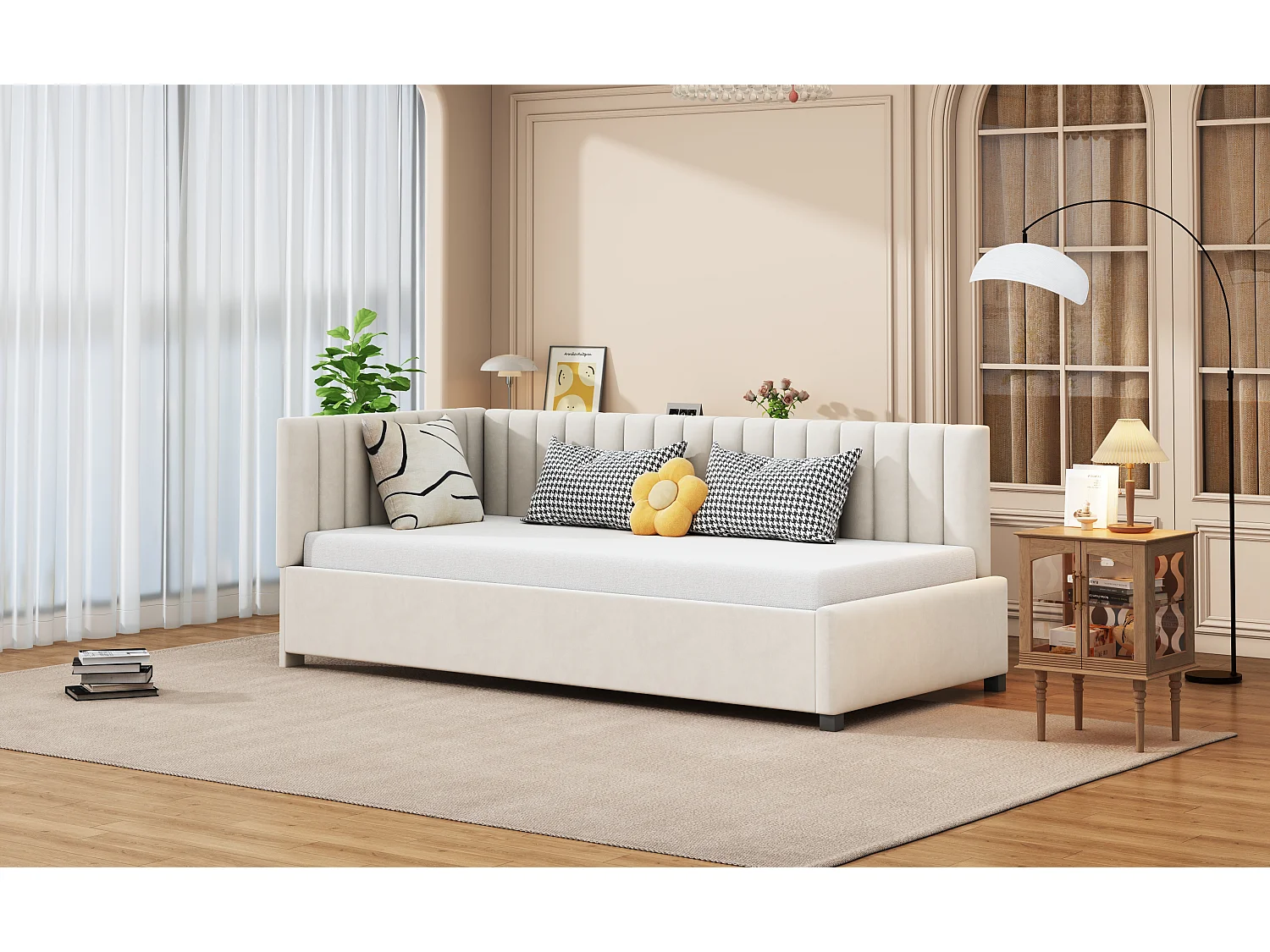 Lit multifonctionnel 90×200 cm en velours beige avec échelle et barrières de sécurité