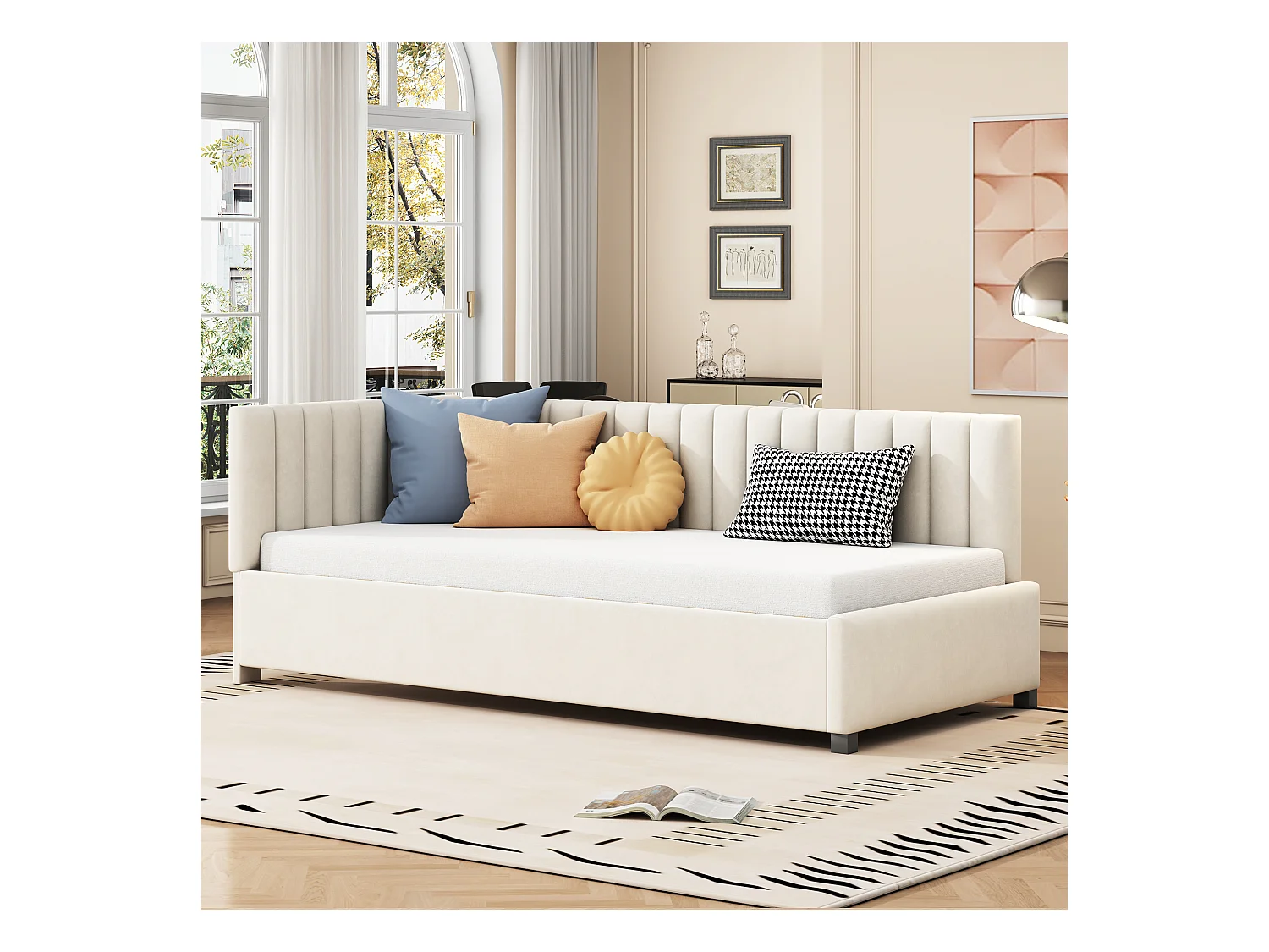 Lit multifonctionnel 90×200 cm en velours beige avec échelle et barrières de sécurité