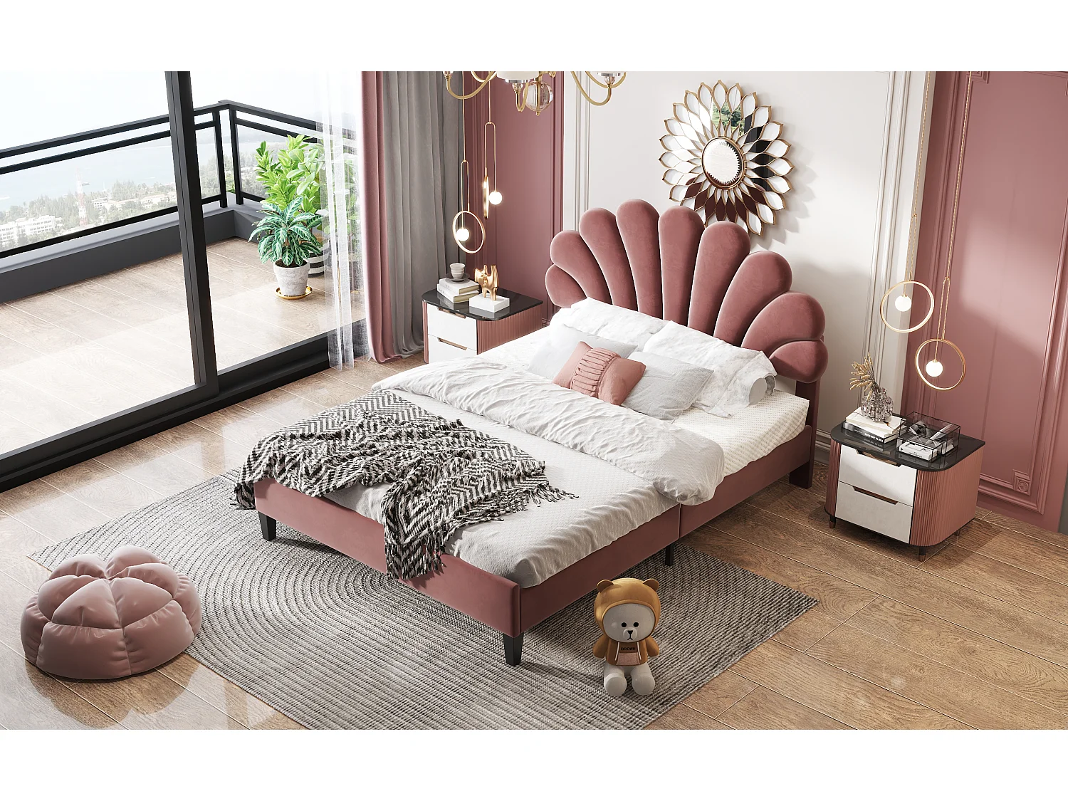 Lit rembourré 140x200 cm tête en forme de fleurs, sommier inclus, velours rouge brique, adulte ou junior