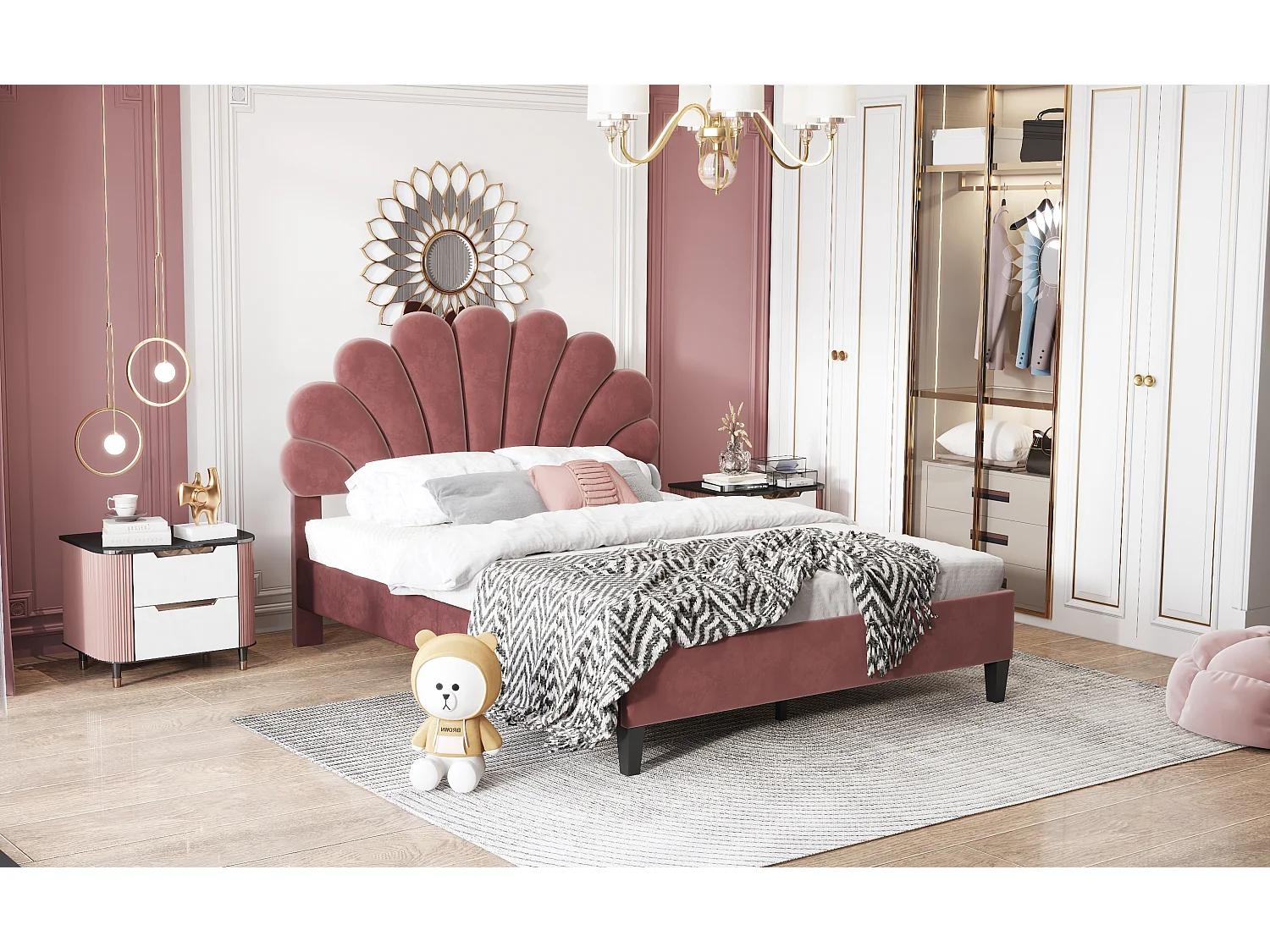 Lit rembourré 140x200 cm tête en forme de fleurs, sommier inclus, velours rouge brique, adulte ou junior