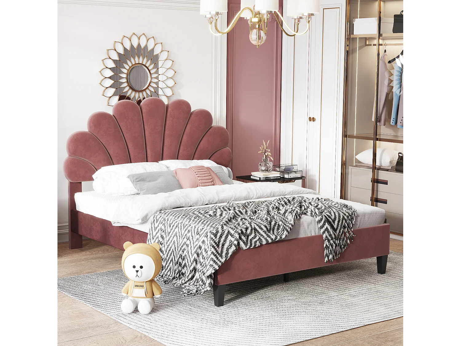 Lit rembourré 140x200 cm tête en forme de fleurs, sommier inclus, velours rouge brique, adulte ou junior