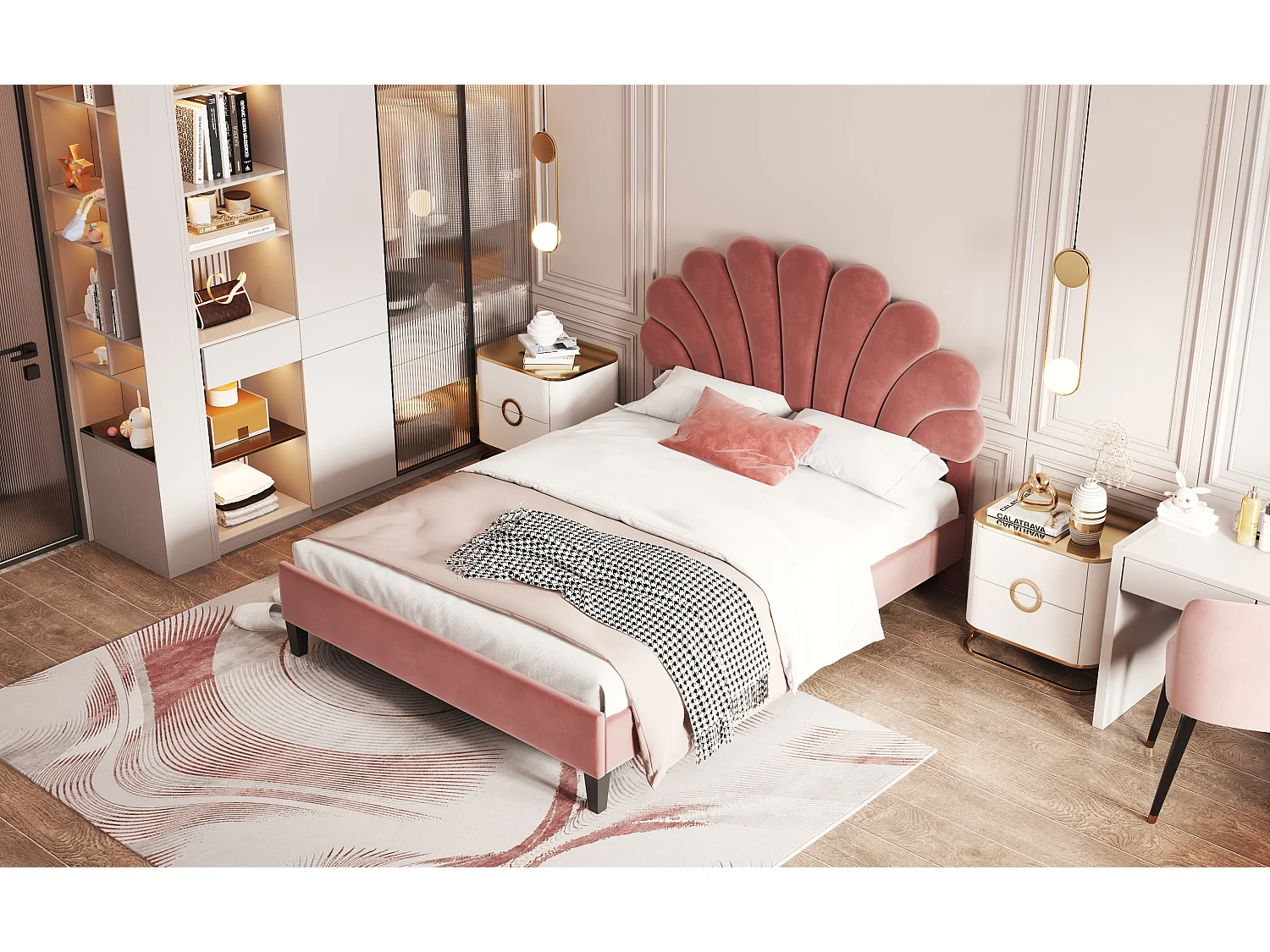 Lit rembourré 140x200 cm tête en forme de fleurs, sommier inclus, velours rouge brique, adulte ou junior