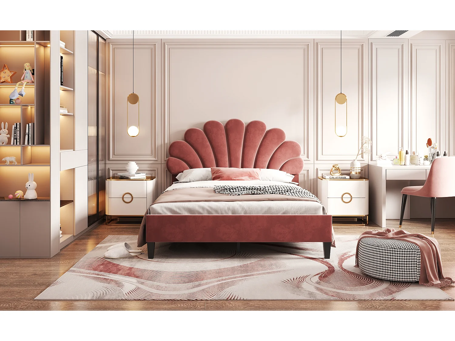 Lit rembourré 140x200 cm tête en forme de fleurs, sommier inclus, velours rouge brique, adulte ou junior