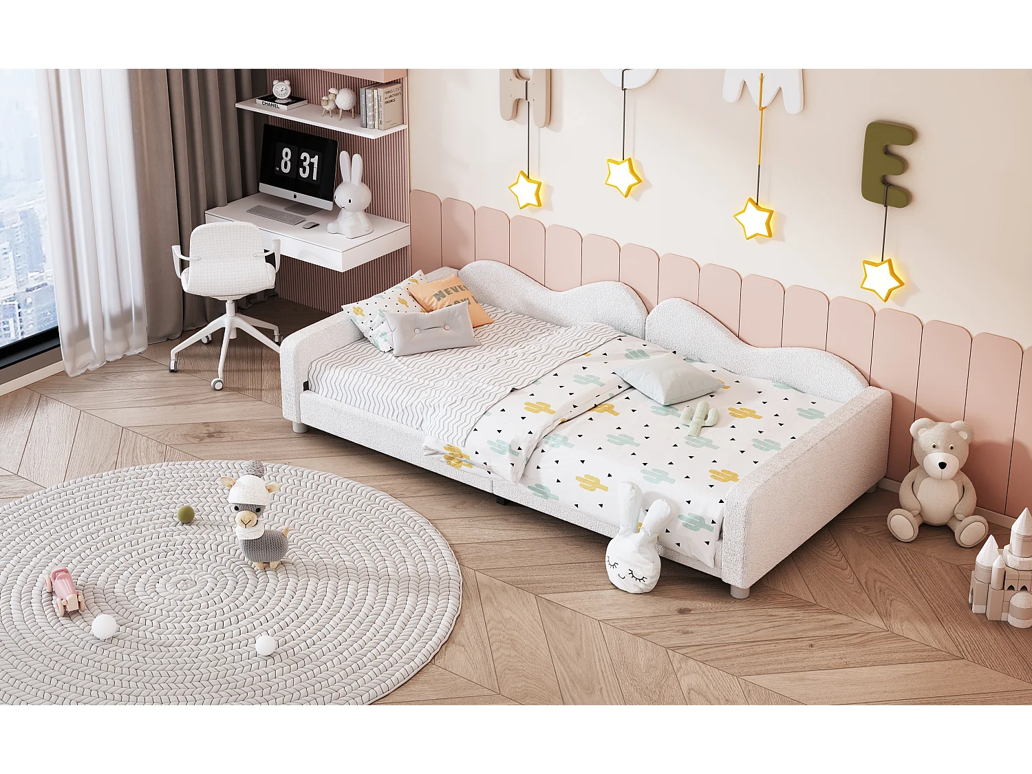 Lit enfant rembourré 90x200 cm, canapé-lit en tissu Teddy, dossier et accoudoirs, lit multifonction, blanc