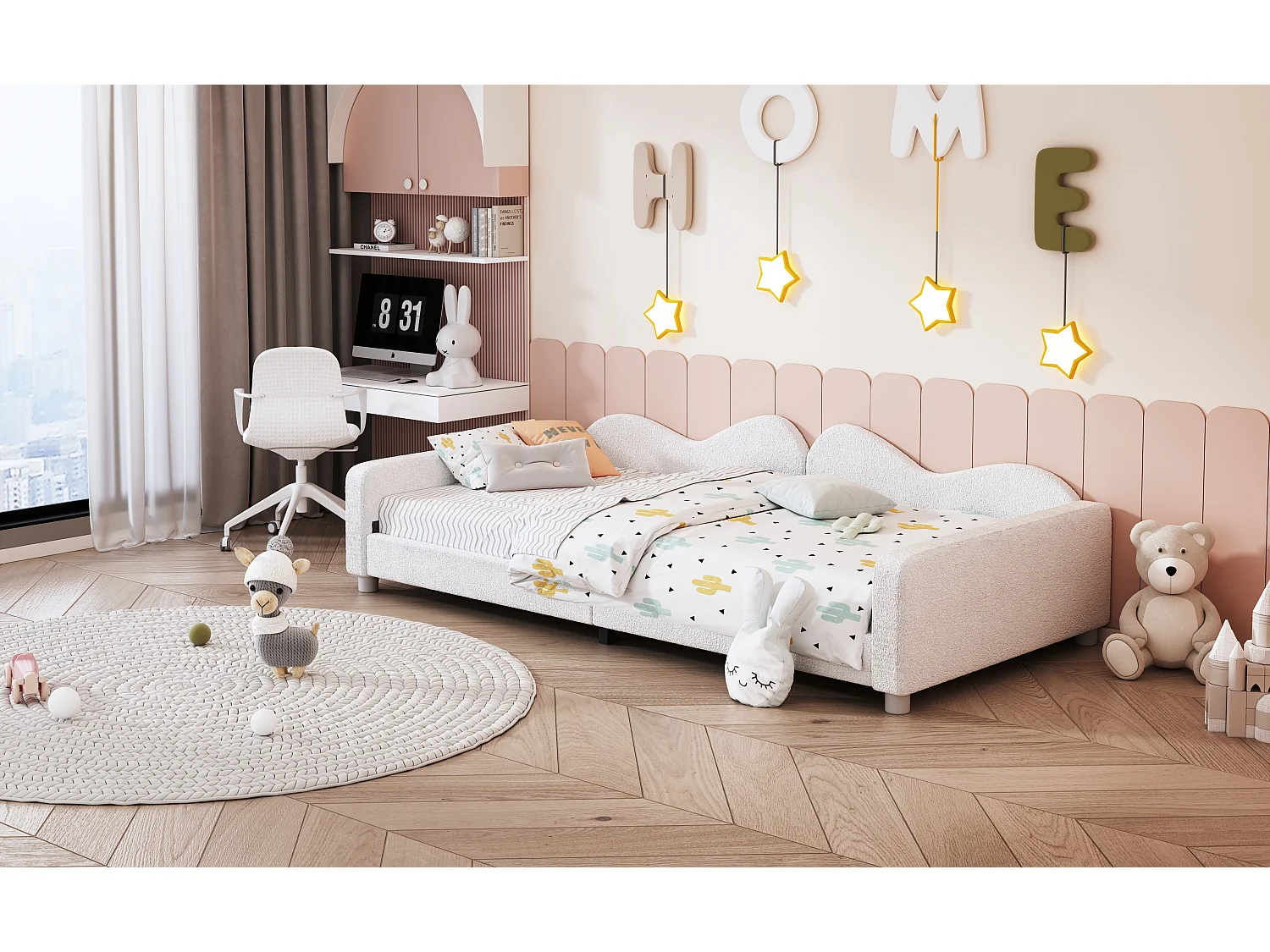 Lit enfant rembourré 90x200 cm, canapé-lit en tissu Teddy, dossier et accoudoirs, lit multifonction, blanc