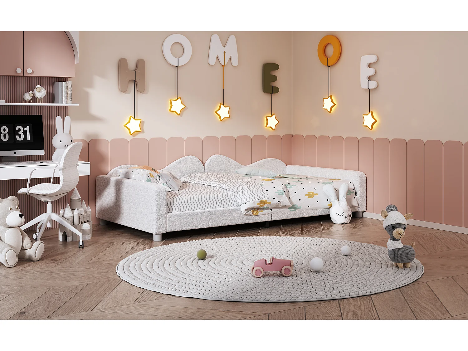 Lit enfant rembourré 90x200 cm, canapé-lit en tissu Teddy, dossier et accoudoirs, lit multifonction, blanc