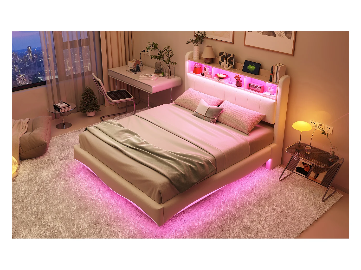 Lit suspendu en lin 140×200 cm, design élégant avec éclairage LED et ports USB, beige