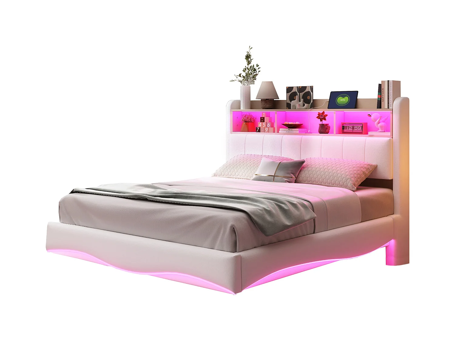 Lit suspendu en lin 140×200 cm, design élégant avec éclairage LED et ports USB, beige