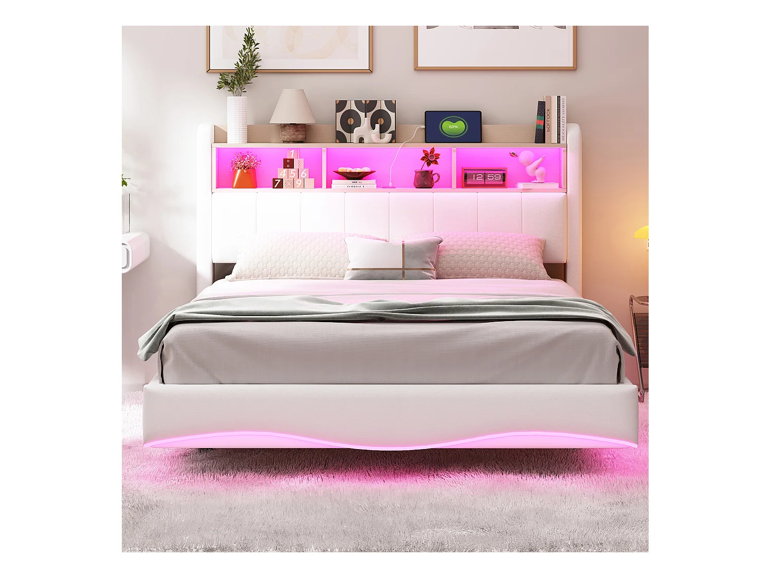 Lit suspendu en lin 140×200 cm, design élégant avec éclairage LED et ports USB, beige