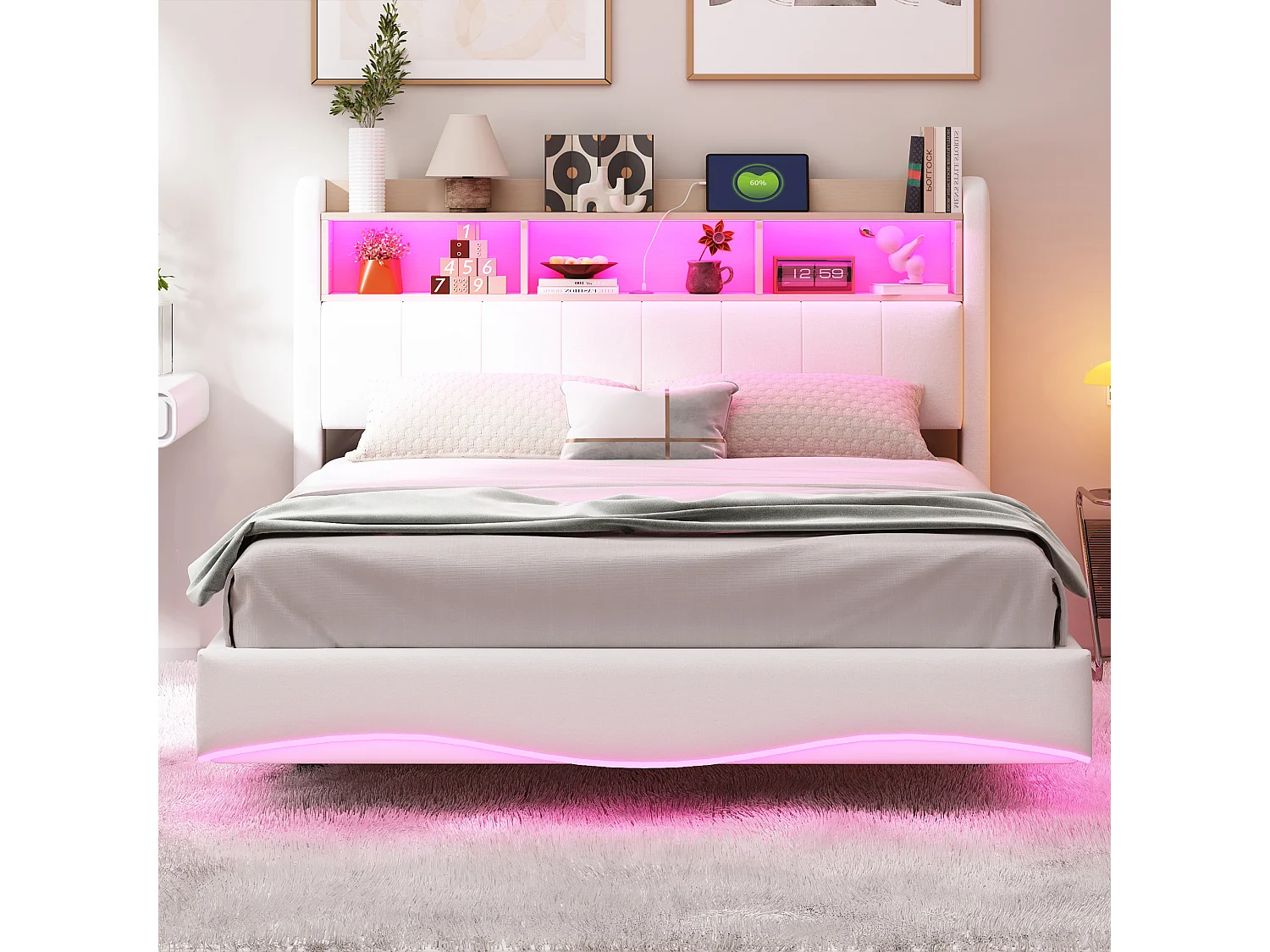 Lit suspendu en lin 140×200 cm, design élégant avec éclairage LED et ports USB, beige