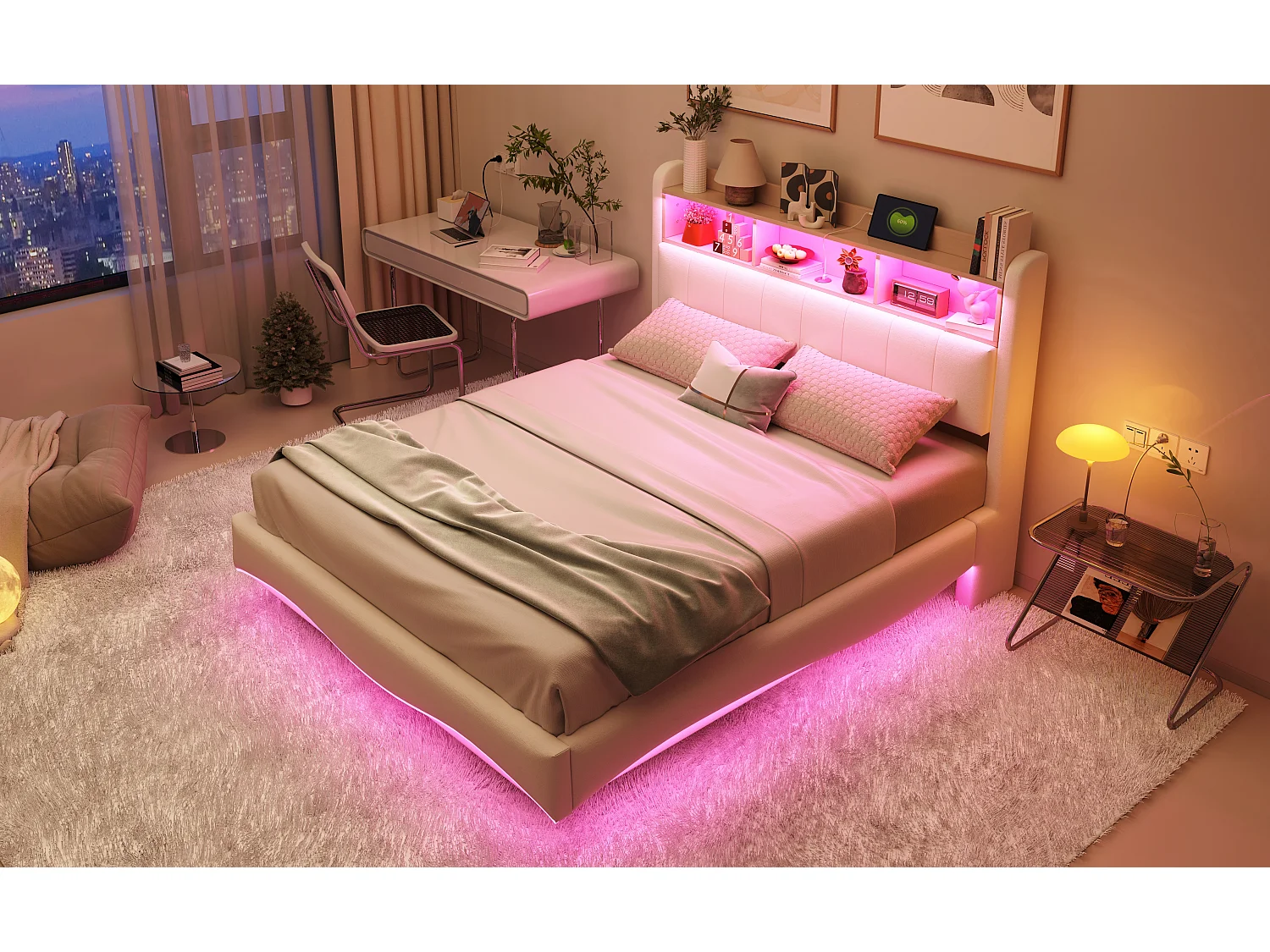 Lit suspendu en lin 140×200 cm, design élégant avec éclairage LED et ports USB, beige