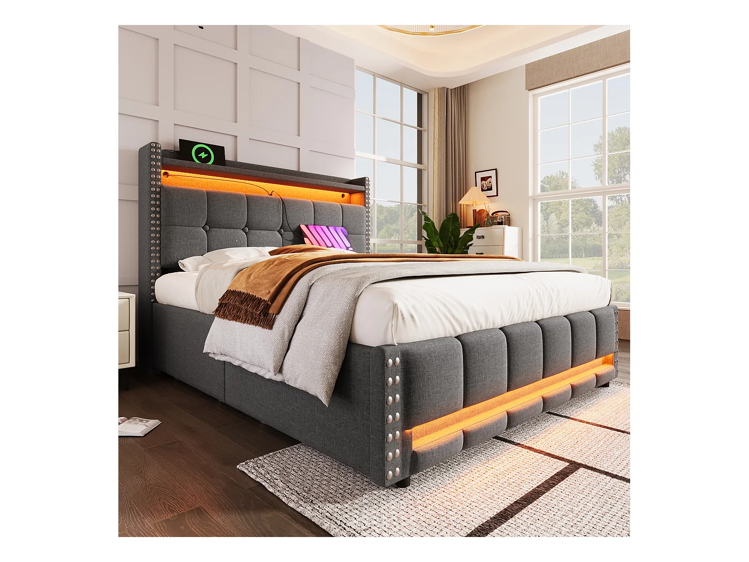 Lit rembourré 140×200 cm avec éclairage LED et prise USB, tête de lit avec étagères et rangement avec 4 tiroirs