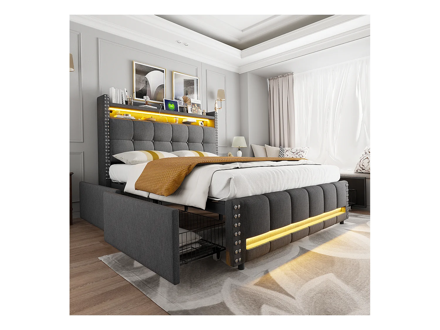Lit rembourré 140×200 cm avec éclairage LED et prise USB, tête de lit avec étagères et rangement avec 4 tiroirs