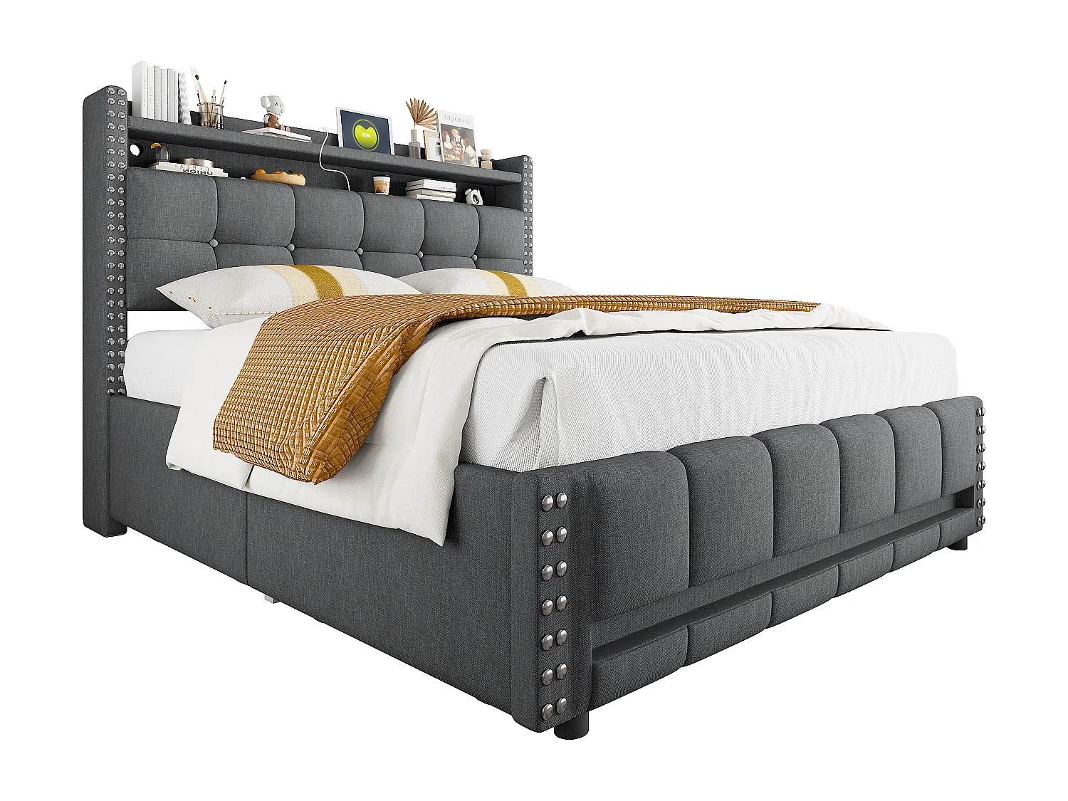 Lit rembourré 140×200 cm avec éclairage LED et prise USB, tête de lit avec étagères et rangement avec 4 tiroirs