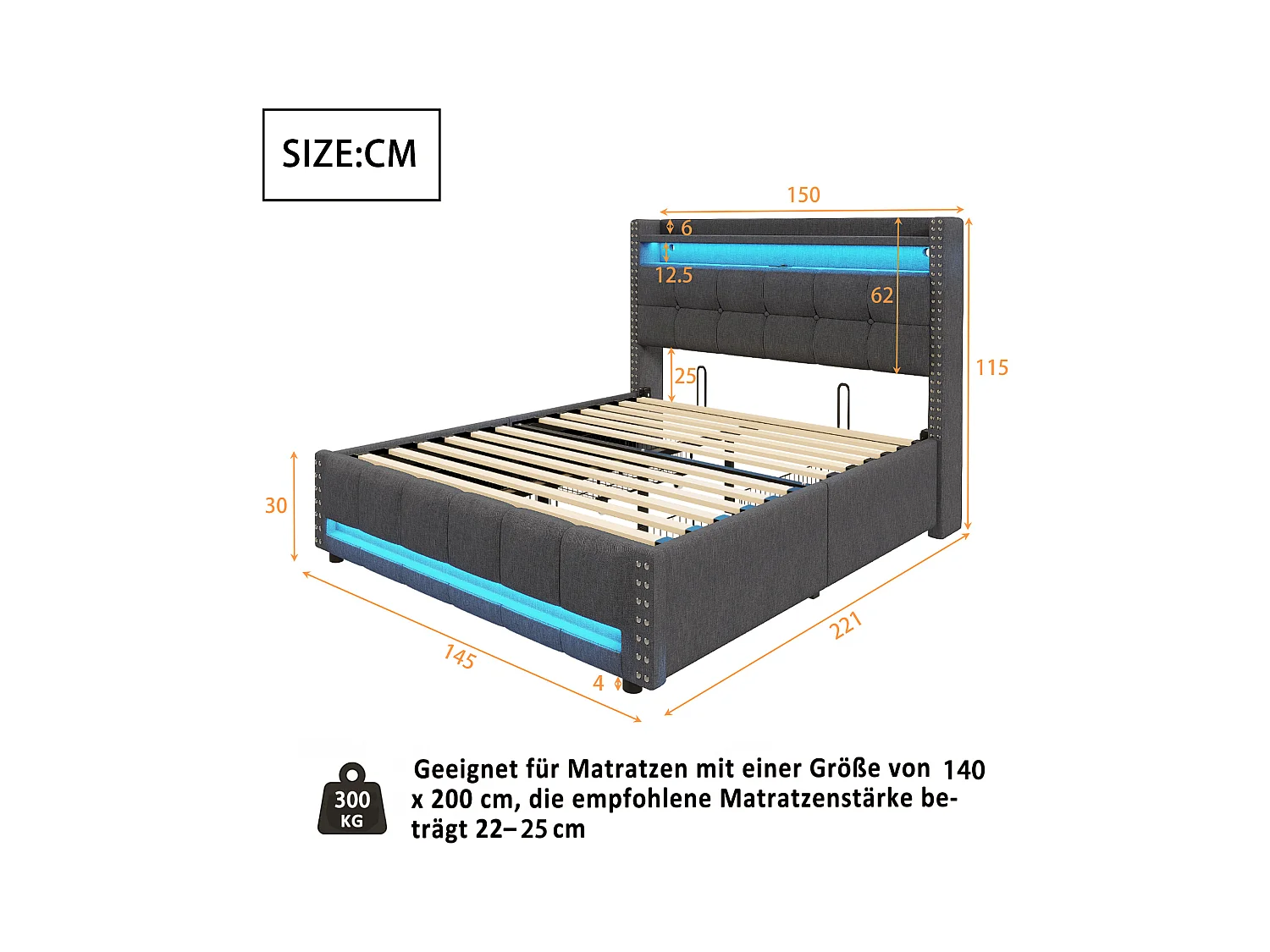 Lit rembourré 140×200 cm avec éclairage LED et prise USB, tête de lit avec étagères et rangement avec 4 tiroirs