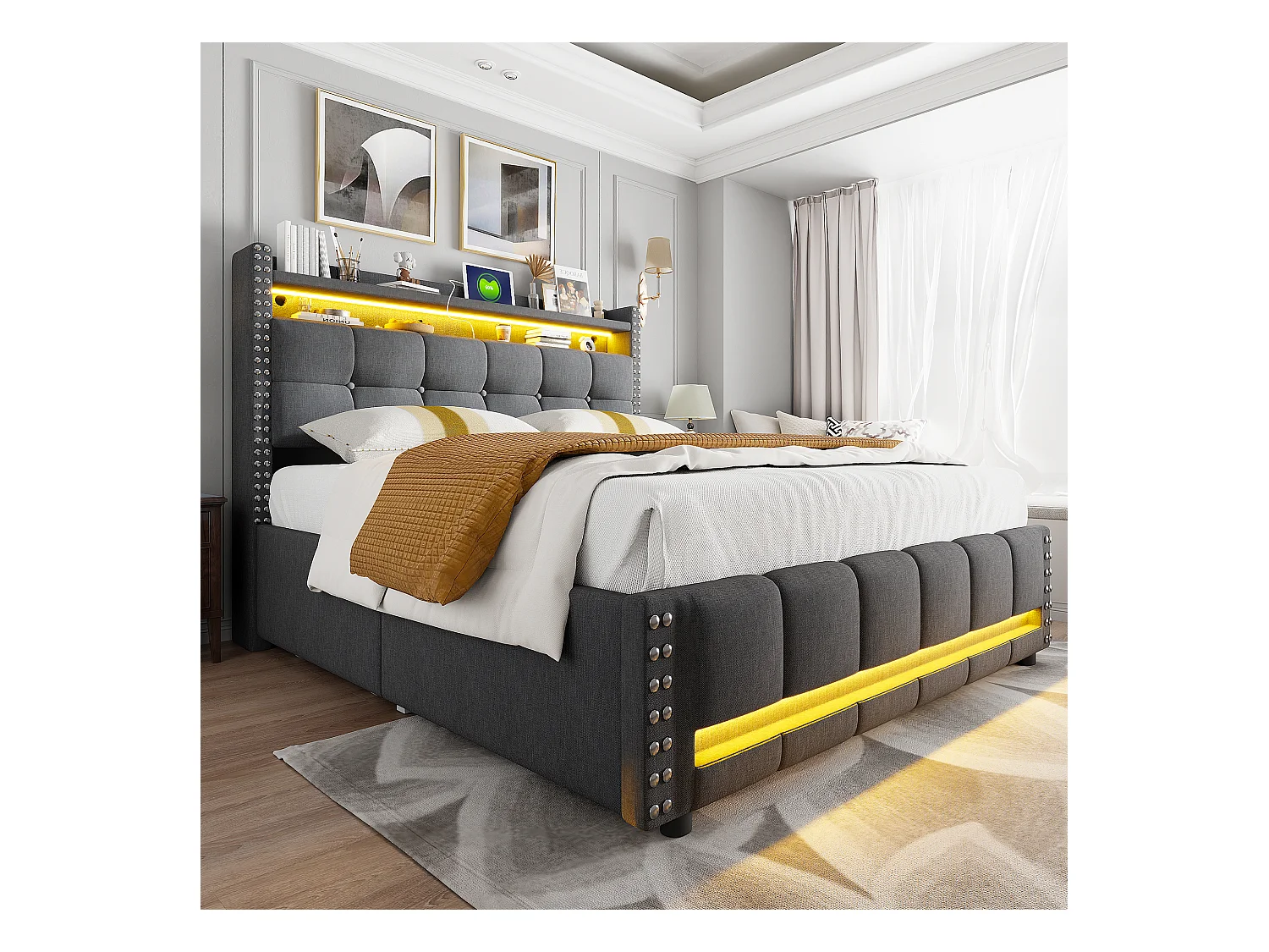 Lit rembourré 140×200 cm avec éclairage LED et prise USB, tête de lit avec étagères et rangement avec 4 tiroirs