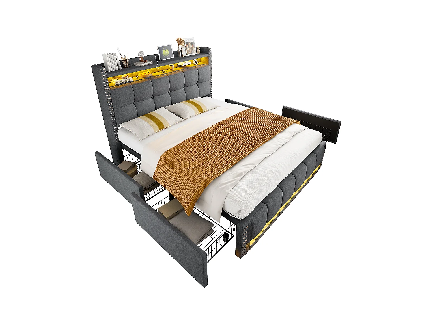 Lit rembourré 140×200 cm avec éclairage LED et prise USB, tête de lit avec étagères et rangement avec 4 tiroirs