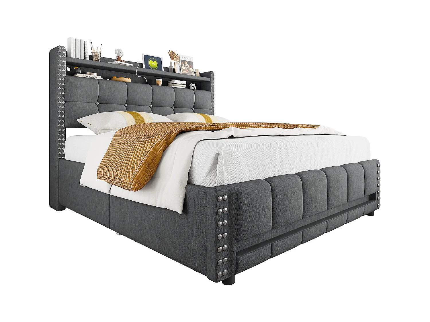 Lit rembourré 140×200 cm avec éclairage LED et prise USB, tête de lit avec étagères et rangement avec 4 tiroirs
