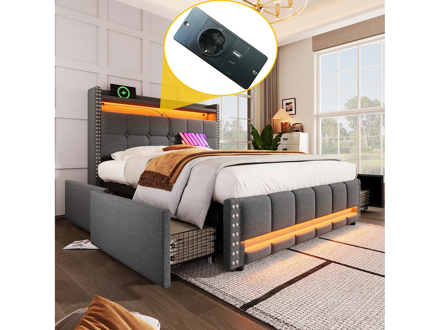 Lit rembourré 140×200 cm avec éclairage LED et prise USB, tête de lit avec étagères et rangement avec 4 tiroirs