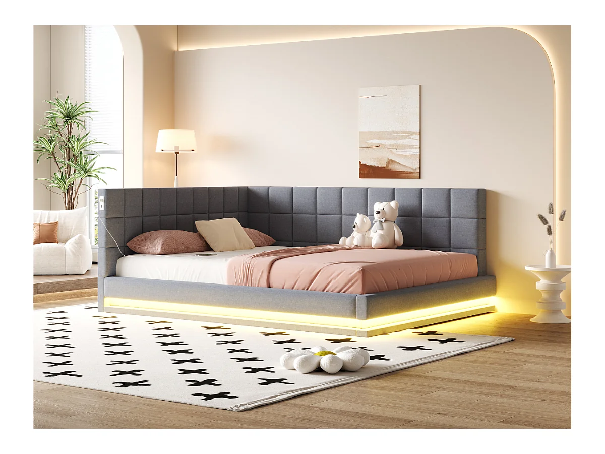 Canapé-lit 160×200 cm en lin gris avec éclairage LED et port USB, sommier inclus