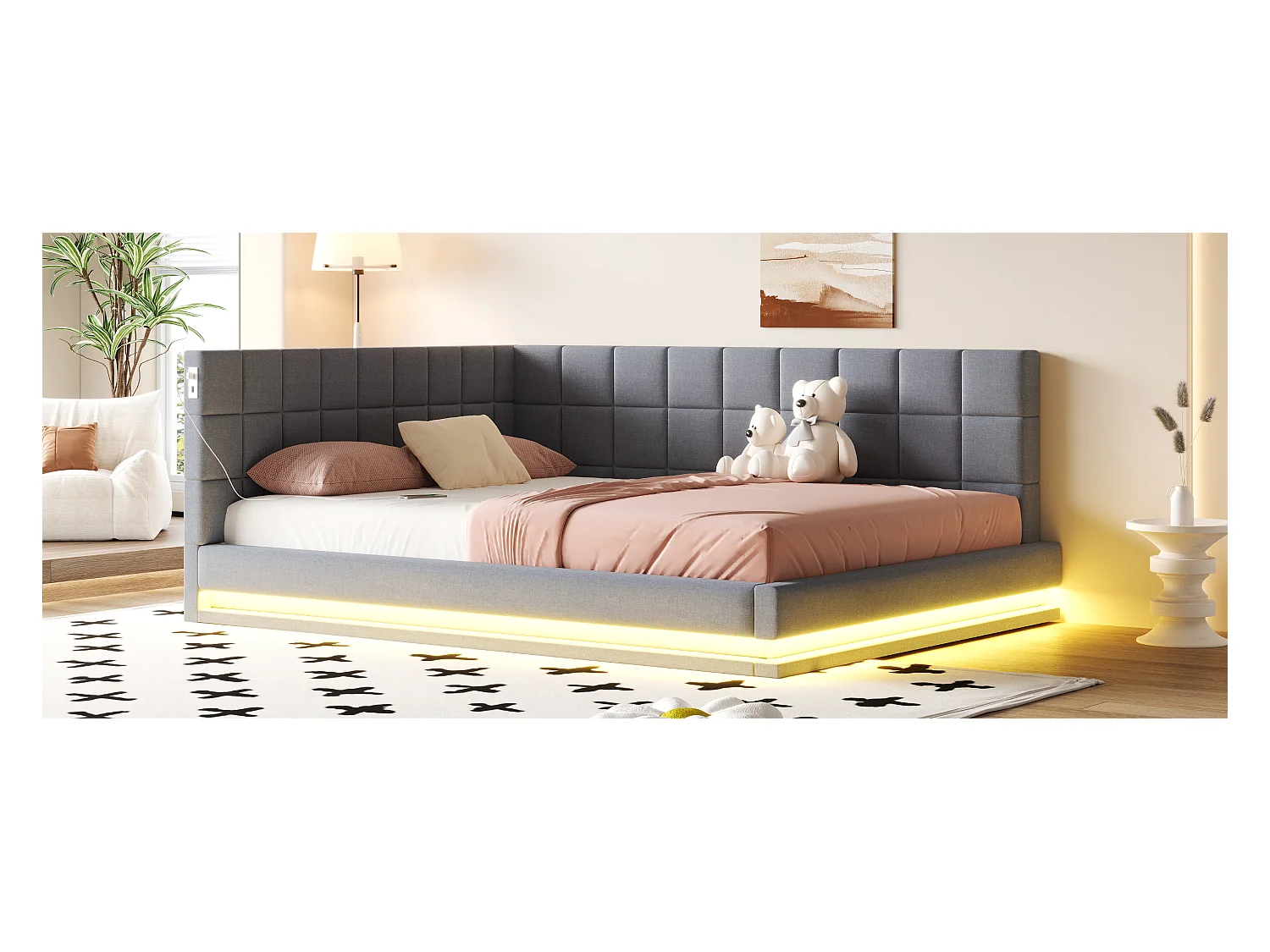 Canapé-lit 160×200 cm en lin gris avec éclairage LED et port USB, sommier inclus