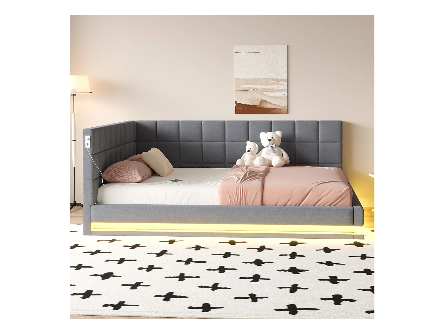 Canapé-lit 160×200 cm en lin gris avec éclairage LED et port USB, sommier inclus