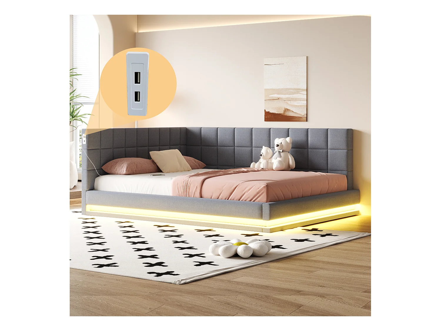 Canapé-lit 160×200 cm en lin gris avec éclairage LED et port USB, sommier inclus