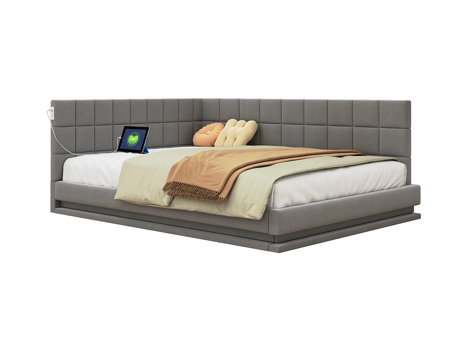 Canapé-lit 160×200 cm en lin gris avec éclairage LED et port USB, sommier inclus