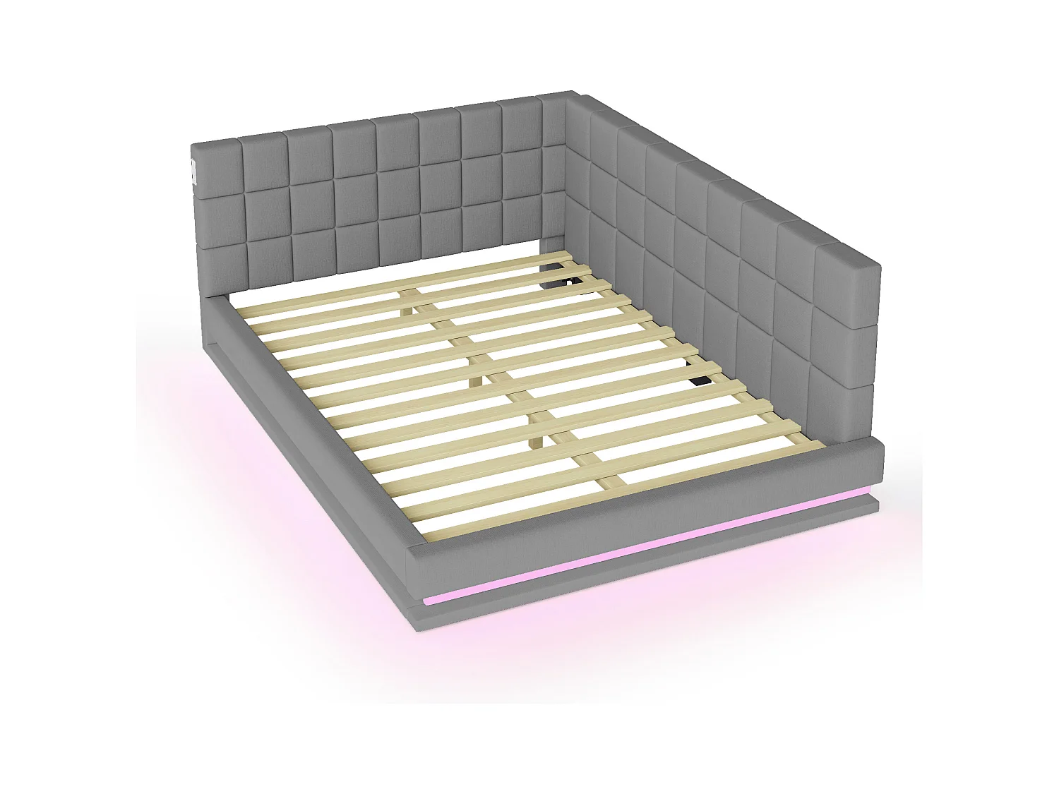 Canapé-lit 160×200 cm en lin gris avec éclairage LED et port USB, sommier inclus