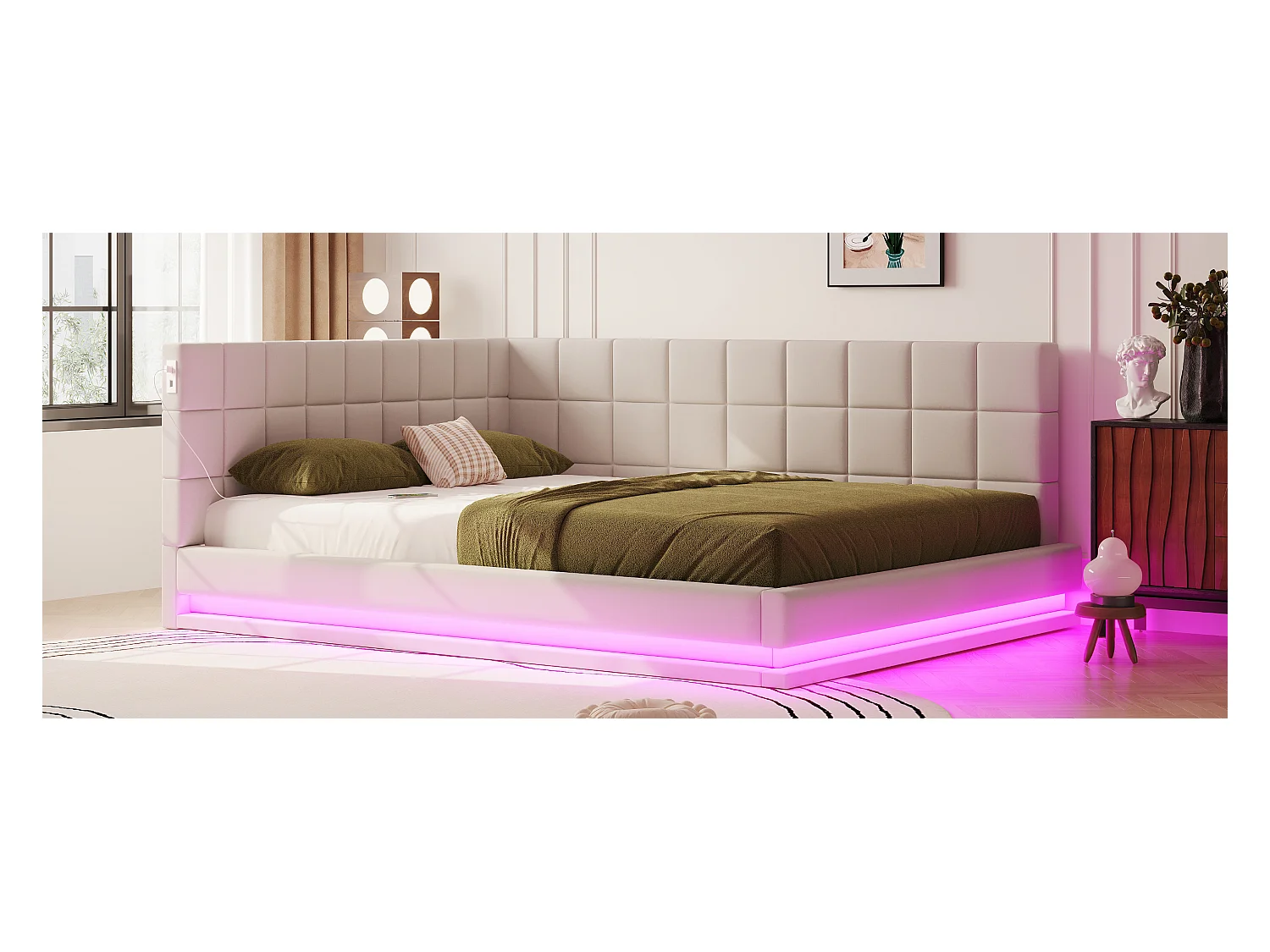 Canapé-lit 160×200 cm en lin beige avec éclairage LED, USB et sommier robuste