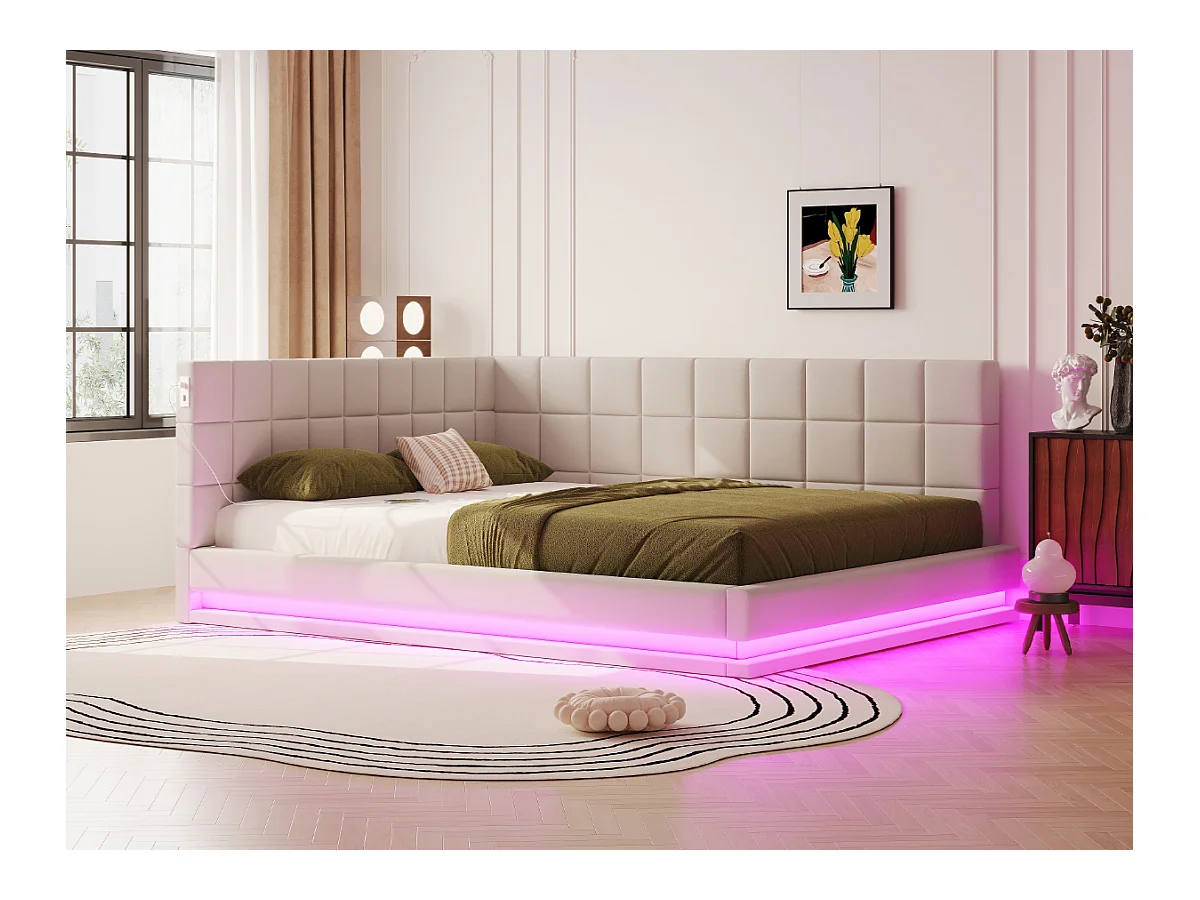 Canapé-lit 160×200 cm en lin beige avec éclairage LED, USB et sommier robuste