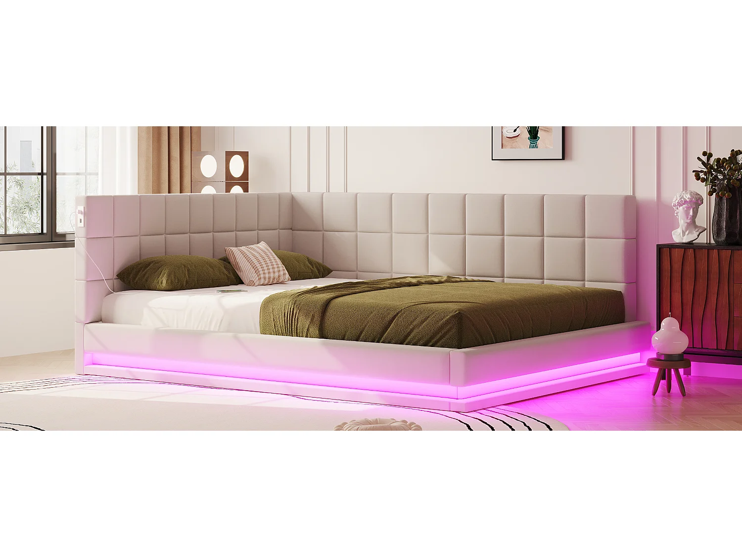 Canapé-lit 160×200 cm en lin beige avec éclairage LED, USB et sommier robuste