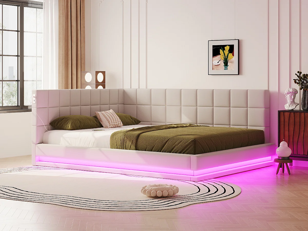 Canapé-lit 160×200 cm en lin beige avec éclairage LED, USB et sommier robuste