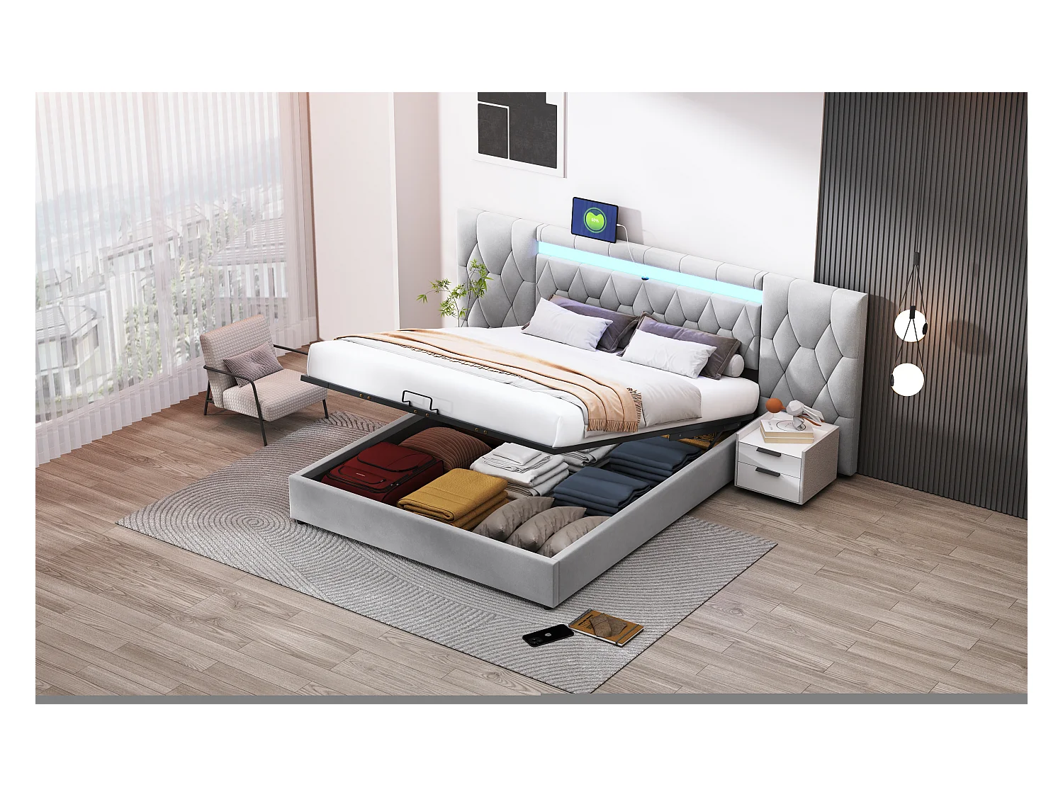 Lit double rembourré 180×200 cm avec grande tête de lit, en velours gris avec LED et ports USB, système de rangement hydraulique