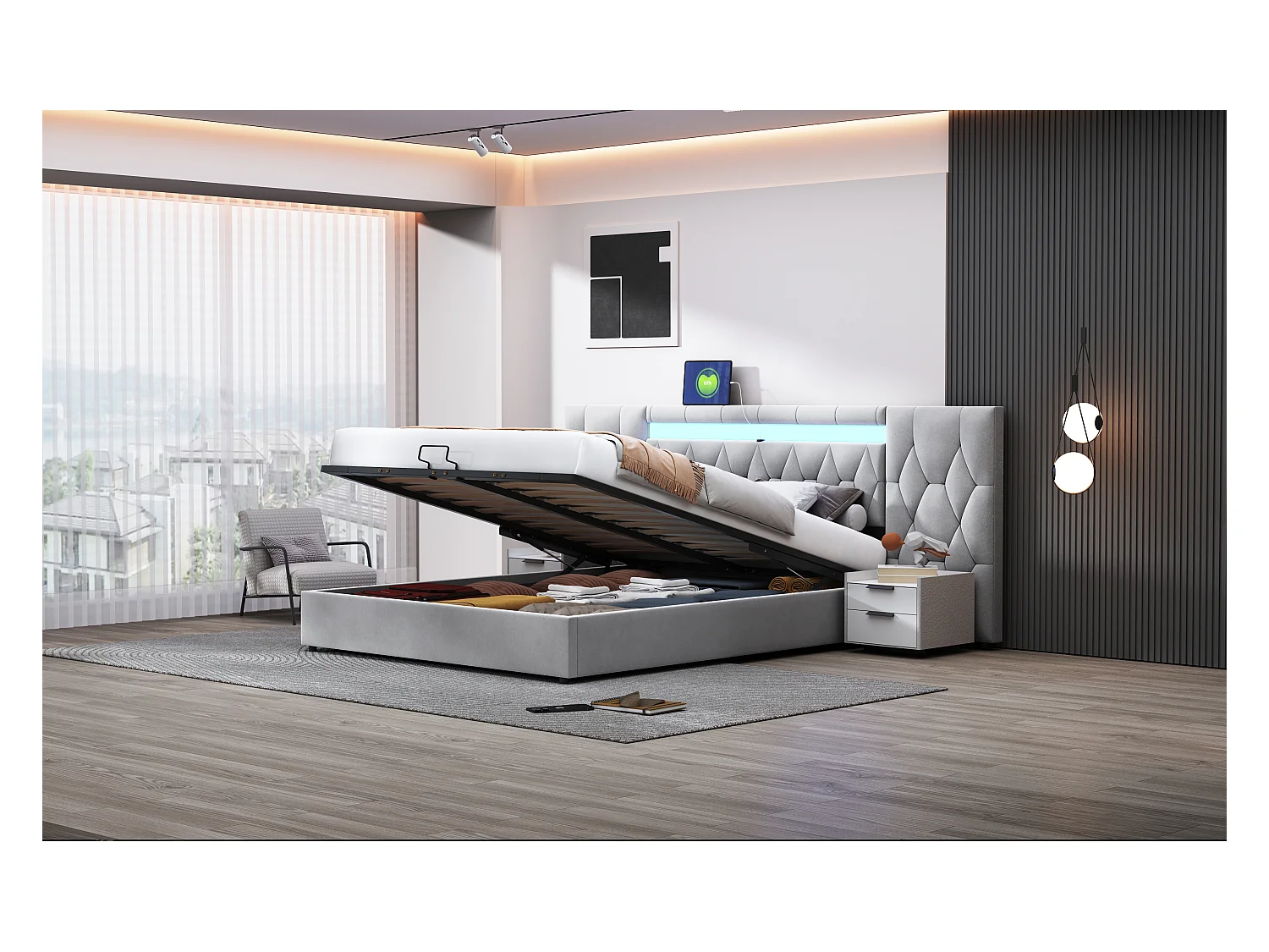 Lit double rembourré 180×200 cm avec grande tête de lit, en velours gris avec LED et ports USB, système de rangement hydraulique
