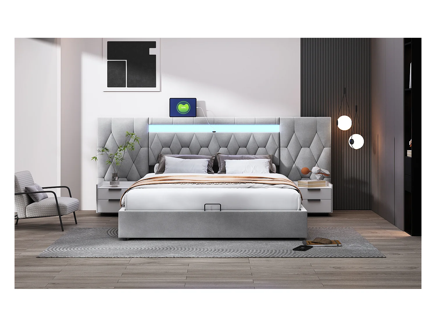 Lit double rembourré 180×200 cm avec grande tête de lit, en velours gris avec LED et ports USB, système de rangement hydraulique