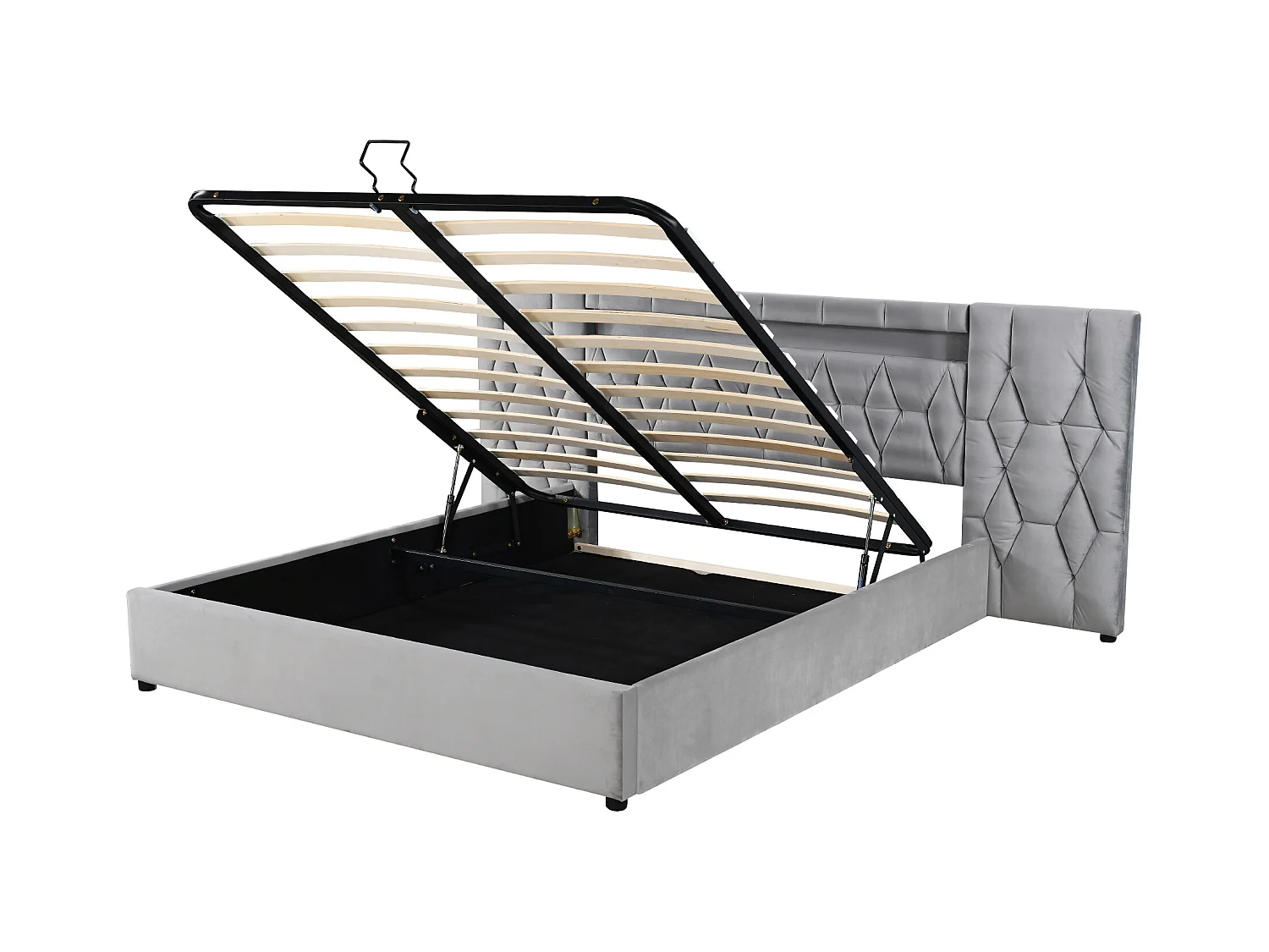 Lit double rembourré 180×200 cm avec grande tête de lit, en velours gris avec LED et ports USB, système de rangement hydraulique