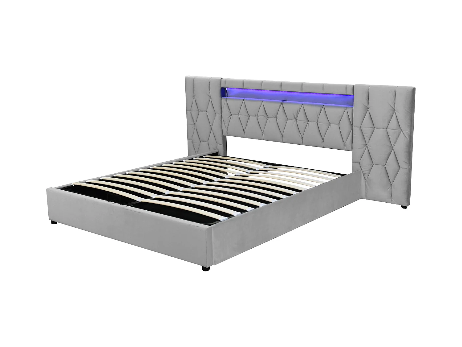 Lit double rembourré 180×200 cm avec grande tête de lit, en velours gris avec LED et ports USB, système de rangement hydraulique