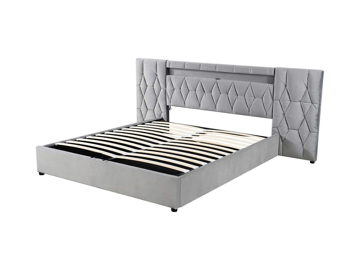 Lit double rembourré 180×200 cm avec grande tête de lit, en velours gris avec LED et ports USB, système de rangement hydraulique