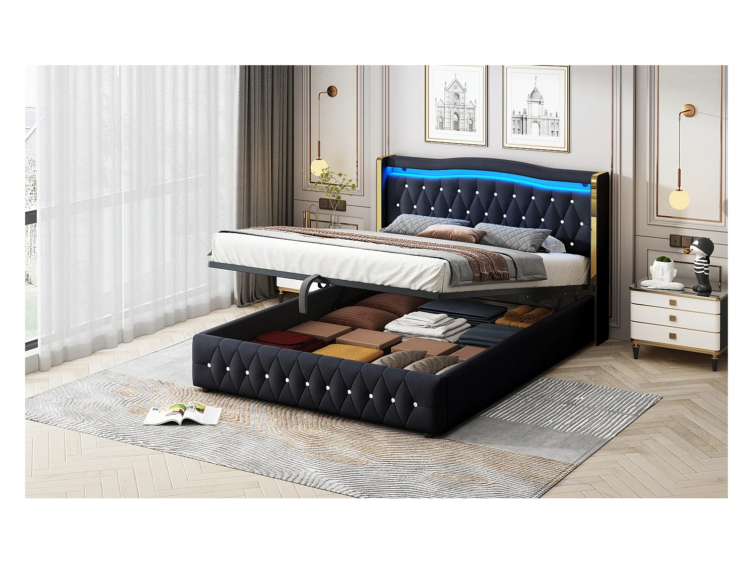 Lit double 160×200 cm avec pieds larges, éclairage LED changeant de couleur et rangement hydraulique