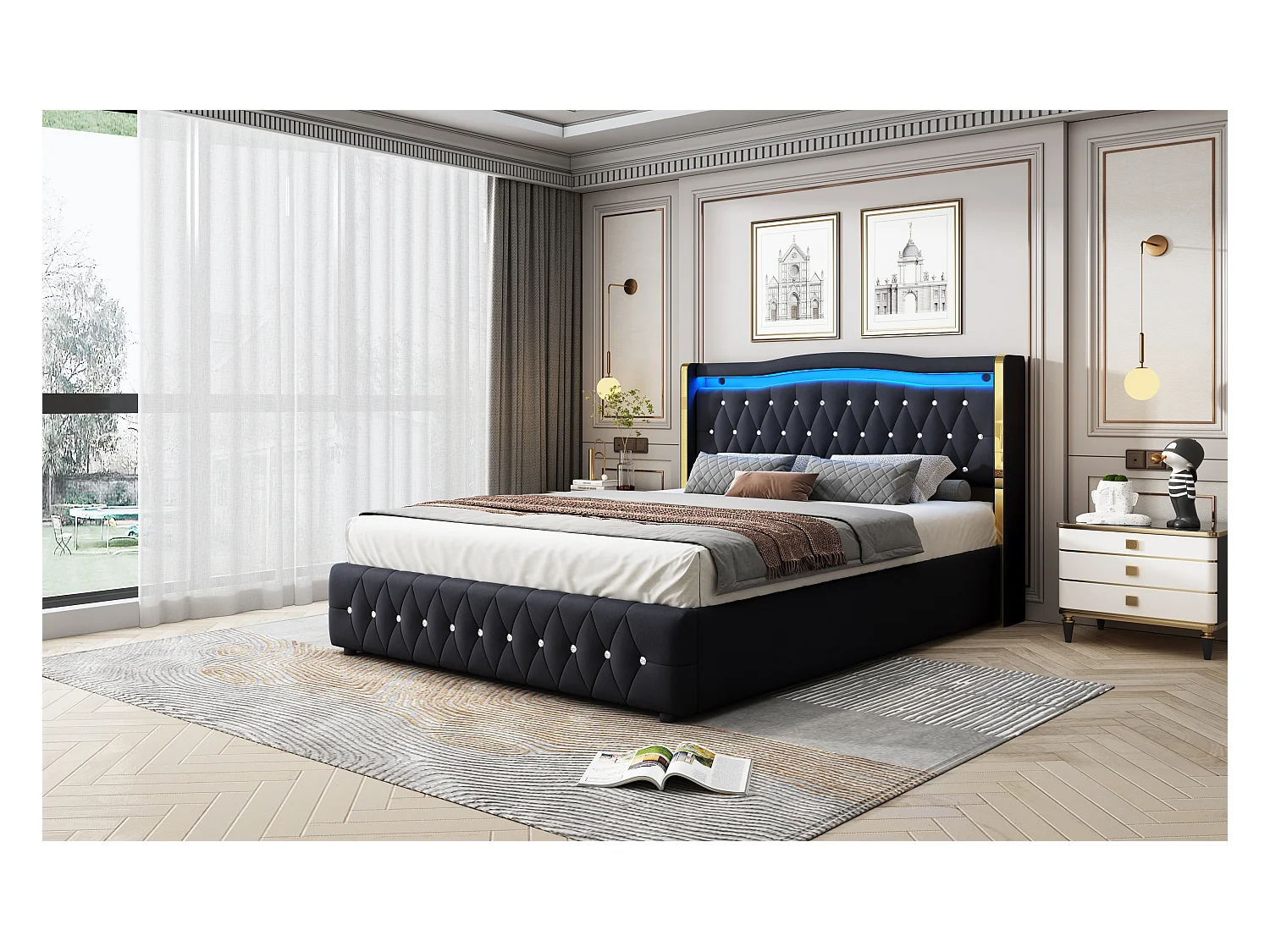 Lit double 160×200 cm avec pieds larges, éclairage LED changeant de couleur et rangement hydraulique