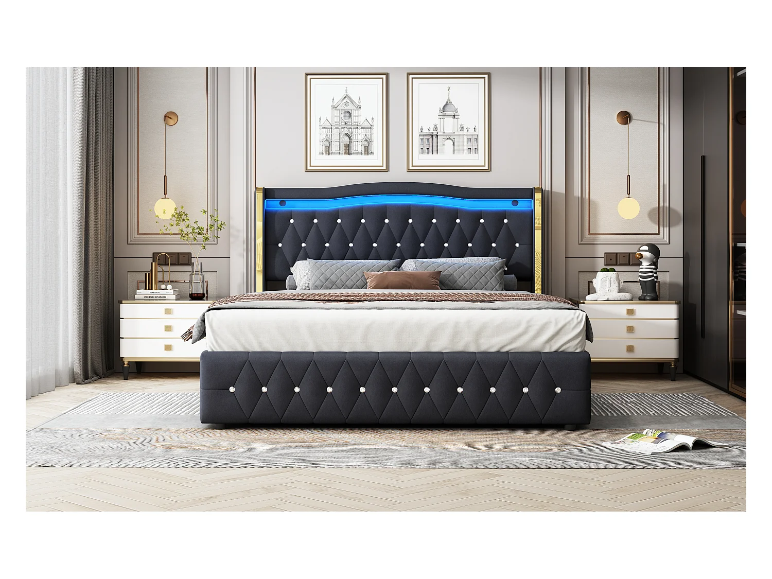 Lit double 160×200 cm avec pieds larges, éclairage LED changeant de couleur et rangement hydraulique