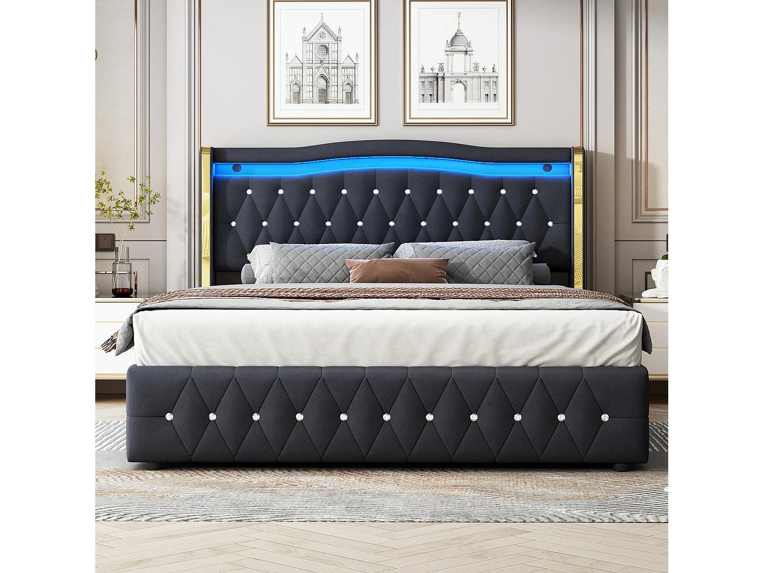 Lit double 160×200 cm avec pieds larges, éclairage LED changeant de couleur et rangement hydraulique