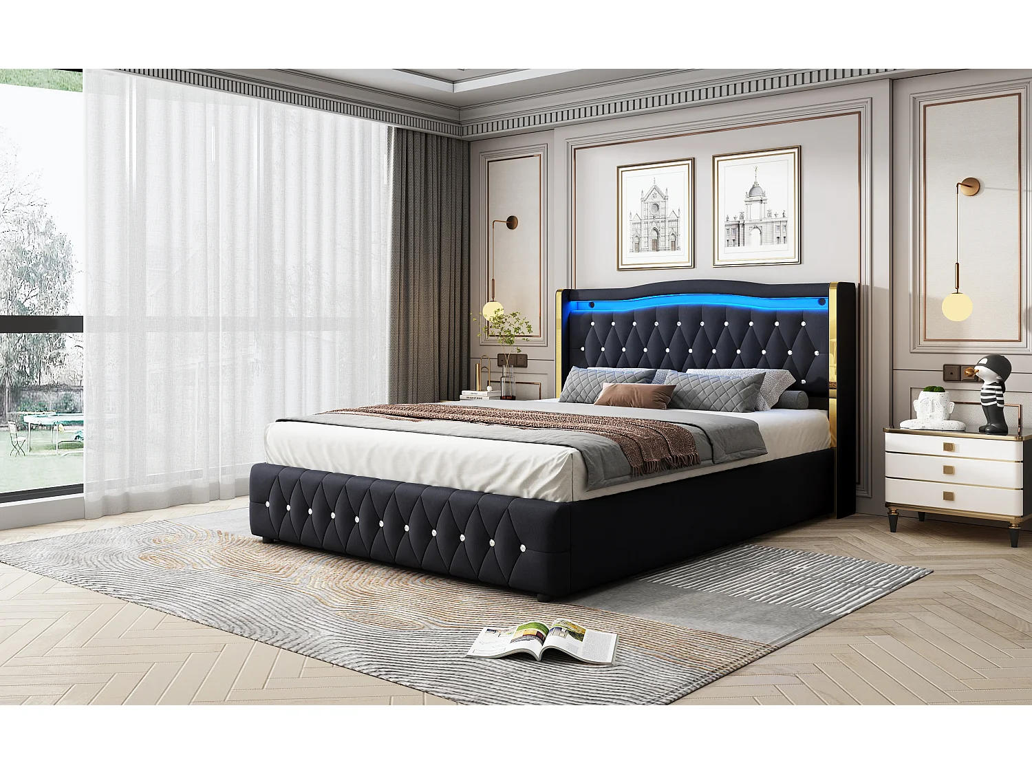 Lit double 160×200 cm avec pieds larges, éclairage LED changeant de couleur et rangement hydraulique