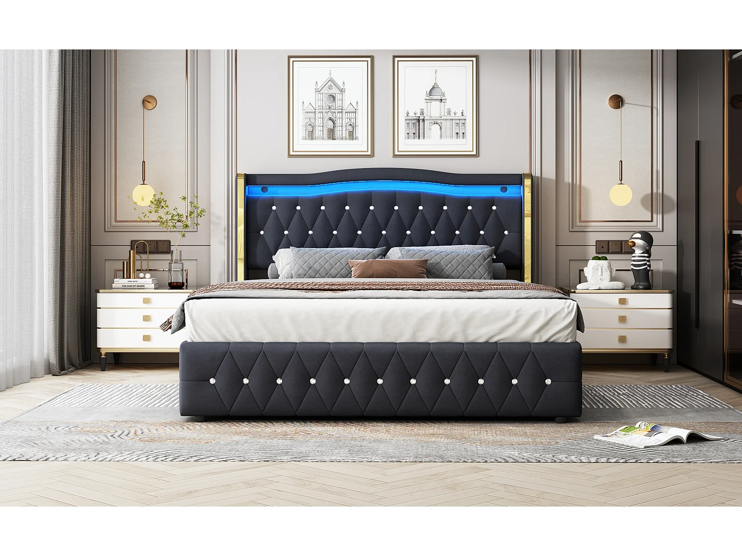 Lit double 160×200 cm avec pieds larges, éclairage LED changeant de couleur et rangement hydraulique