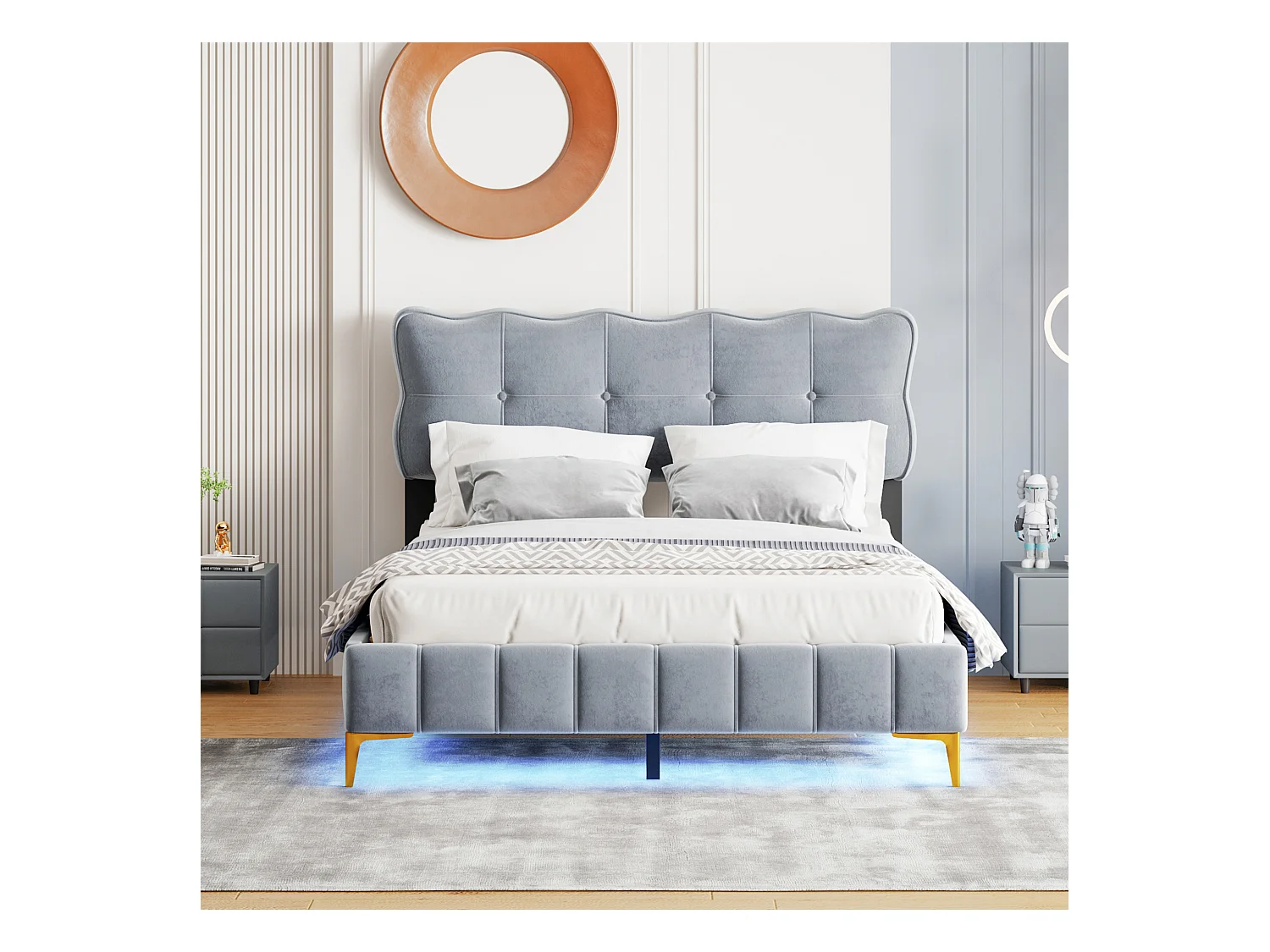 Lit rembourré 140x200 cm pour jeunes, LED, tête rembourrée, sommier métal, velours gris