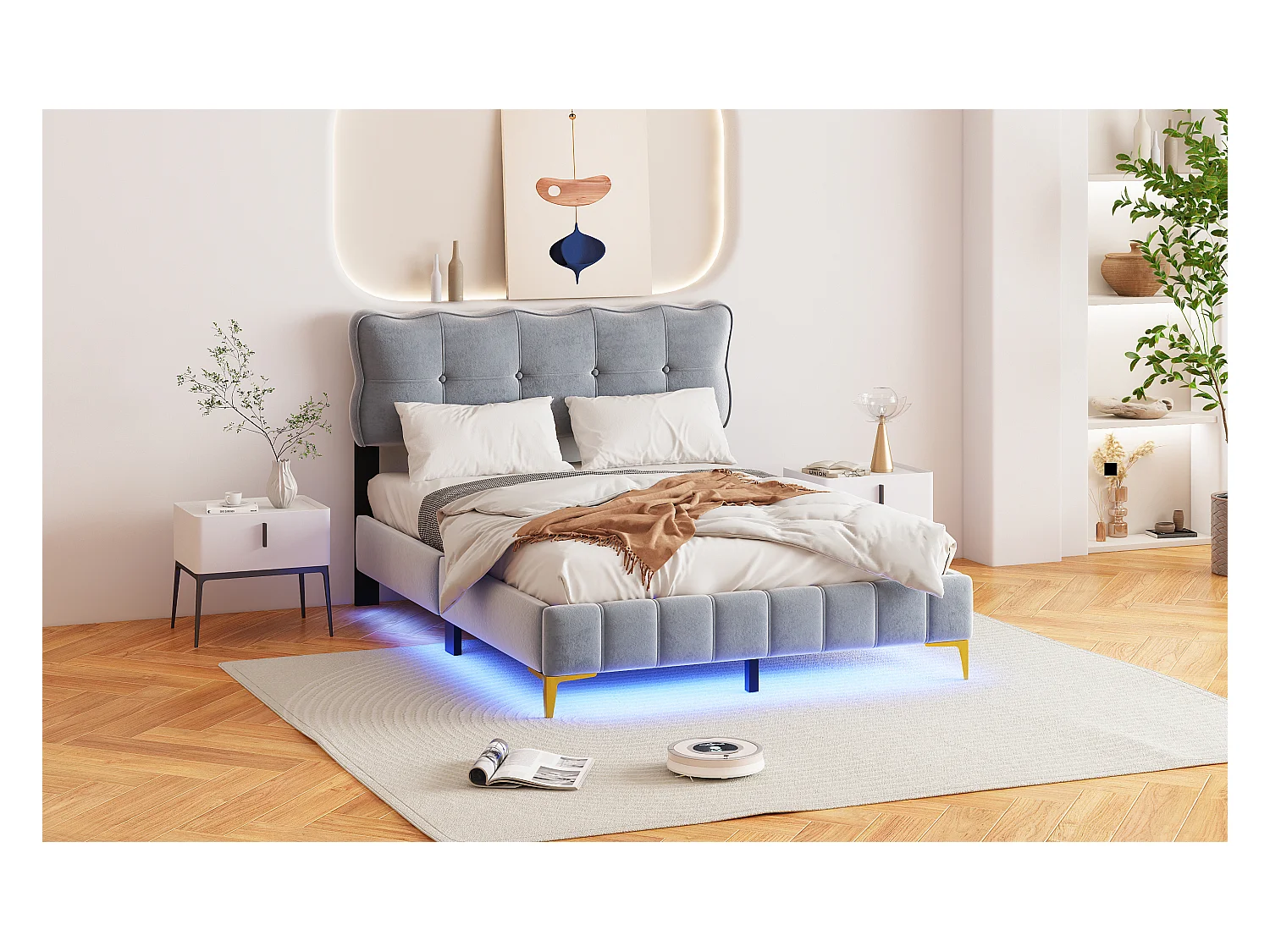 Lit rembourré 140x200 cm pour jeunes, LED, tête rembourrée, sommier métal, velours gris